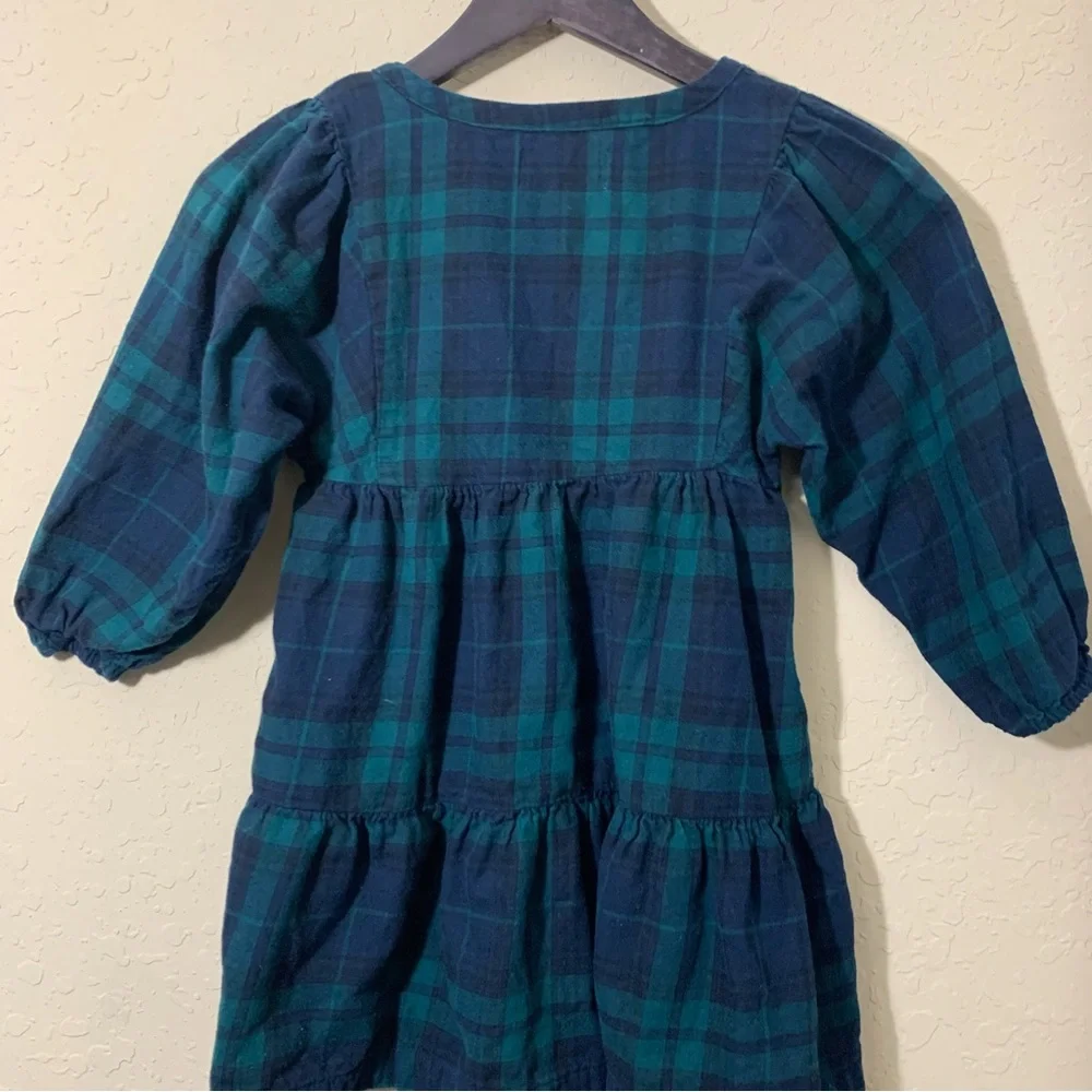 Old Navy Kids Dress Blue Green‎ Black Watch Plaid Flannel Tiered S 6-7